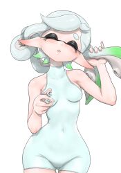  1girl alternate_costume arm_up bare_arms bare_shoulders bodysuit breasts closed_eyes covered_collarbone covered_navel cowboy_shot eyelashes gluteal_fold gradient_hair green_hair grey_hair hair_down hand_up highres holding inkling koharu2.5 long_hair marie_(splatoon) medium_breasts mole mole_under_eye multicolored_hair nintendo parted_lips pointy_ears short_eyebrows simple_background solo splatoon_(series) suction_cups tentacle_hair two-tone_hair unworn_earring white_background white_bodysuit 