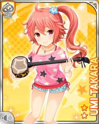  1girl card character_name closed_mouth flower girlfriend_(kari) hair_flower hair_ornament instrument jewelry necklace official_art pink_eyes pink_hair pink_shirt qp:flapper sanshin shirt shorts side_ponytail smile solo tagme takara_umi yellow_background  rating:Sensitive score:2 user:RomanticDevil