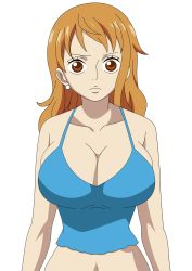  1girl absurdres bare_shoulders blue_shirt breasts brown_eyes cleavage ecchianimeedits female_focus highres large_breasts long_hair looking_at_viewer nami_(one_piece) no_bra one_piece orange_hair shirt solo tank_top third-party_edit upper_body  rating:Questionable score:29 user:EcchiAnimeEdits