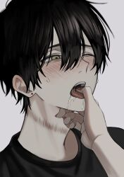  1boy absurdres akanei6no_sora black_hair blush commentary drooling earrings finger_in_another&#039;s_mouth highres jewelry male_focus nail_polish nose_blush one_eye_closed open_mouth original portrait saliva scar scar_on_neck short_hair solo_focus sweat tongue tongue_out wince 