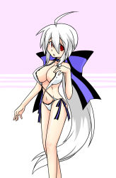  1girl bare_shoulders breasts chaotic_dragon highres large_breasts long_hair red_eyes ribbon solo swimsuit vocaloid white_hair yowane_haku  rating:Questionable score:13 user:Trasher