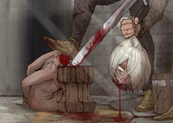  1girl 2others absurdres arms_behind_back blood blood_splatter bloody_weapon bound bound_arms breasts bucket chinese_commentary commentary_request crying crying_with_eyes_open dark-skinned_female dark_skin death decapitation ebonyxh execution eyes_visible_through_hair freckles guro hair_over_one_eye highres holding_another&#039;s_hair multiple_others nude open_mouth original ringed_eyes rolling_eyes severed_head short_hair small_breasts solaria_(ebonyxh) solo_focus sweat tears tongue very_sweaty weapon white_hair yellow_eyes  rating:Explicit score:37 user:danbooru