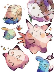  animal_focus apple applin artist_name blue_skin clefable clefairy closed_eyes colored_skin commentary_request creatures_(company) crescent_moon food fruit game_freak gen_1_pokemon gen_2_pokemon gen_3_pokemon gen_8_pokemon green_skin gulpin hanabusaoekaki highres moon nintendo no_humans omanyte one_eye_closed pink_skin pokemon pokemon_(creature) sheep shell simple_background solid_circle_eyes solid_oval_eyes star_(symbol) tail unown unown_a wavy_mouth white_background wool wooloo worm wynaut 