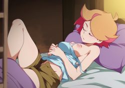 1girl absurdres amanda_o&#039;neill breasts female_focus highres indoors jcm2 little_witch_academia lying medium_breasts on_back on_bed one_breast_out short_hair sleeping tagme trigger_(company) rating:Questionable score:322 user:Mr_paint_