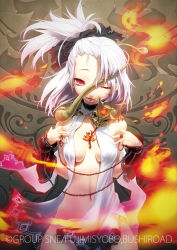  1girl ;p chain dress fire hair_ribbon halterneck halterneck lizard monster_collection nilitsu one_eye_closed open_clothes ponytail red_eyes ribbon solo standing tongue tongue_out white_hair wink  rating:Sensitive score:26 user:danbooru