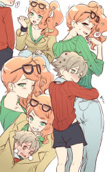  1boy 1girl @_@ ^^^ age_difference beige_jacket blush breasts child cleavage creatures_(company) embarrassed eyewear_on_head game_freak green_eyes green_sweater grin hair_ornament heart heart_hair_ornament highres hug hug_from_behind large_breasts long_hair long_sleeves multiple_views nail_polish nintendo open_mouth orange_hair pokemon pokemon_swsh ribbed_sweater short_hair shota side_ponytail simple_background smile sonia_(pokemon) spoken_heart sweater swept_bangs white_background whoosaku youngster_(pokemon)  rating:Sensitive score:121 user:danbooru