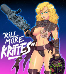  1girl 2024 20s alien angry bikini bikini_bottom_only blonde_hair blood boots breasts brown_bikini brown_cape brown_footwear brown_gloves cape clenched_teeth critter_(critters) critters critters_2:_the_main_course fingerless_gloves gloves green_eyes gun holding holding_gun holding_weapon large_breasts lee_(critters) long_hair looking_at_viewer monster navel nipples pubic_hair pubic_hair_peek sky standing star_(sky) starry_sky swimsuit teeth thigh_boots weapon zeshgolden 