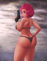 1girl absurdres ass avengers_(series) bikini black_bikini black_widow black_widow_(marvel) blue_eyes breasts butt_crack cloud dark_clouds finger_on_trigger glock gun hand_on_thighs handgun highres huge_breasts huge_filesize large_breasts looking_at_viewer looking_back marvel natasha_romanoff pistol saf-404 short_hair swimsuit thick_thighs thighs weapon wide_hips