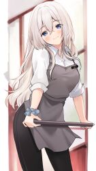  1girl apron black_pants blue_eyes blurry blurry_background blush closed_mouth collared_shirt commentary contrapposto crossed_bangs double-parted_bangs english_commentary grey_apron grey_hair grey_scrunchie hair_between_eyes head_tilt highres holding holding_tray long_hair looking_at_viewer original pants ry_thae sanyu_(ry_thae) scrunchie shirt sleeves_rolled_up smile solo tray waitress white_shirt wrist_scrunchie 