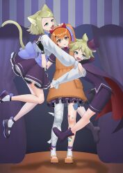  1boy 2girls a.i._voice adachi_rei alternate_costume android animal_ears ankle_boots apron aqua_eyes bandaged_leg bandages bandaid bandaid_on_leg blonde_hair blue_ribbon boots cape cat_ears cat_girl cat_tail curtains dress fake_horns fang fangs floating gloves hair_ribbon halloween_costume hand_on_another&#039;s_head hat heart highres horns hug joints kagamine_len kagamine_rin kaimu_(adachi_rei) kemonomimi_mode long_sleeves looking_at_viewer mary_janes medium_hair mini_hat mini_top_hat miniskirt multiple_girls one_side_up open_mouth orange_apron orange_eyes orange_hair parted_lips purple_cape purple_dress purple_hat purple_shorts purple_skirt purple_vest ribbon robot_joints shirt shoes short_hair short_sleeves shorts skin_fang skirt socks standing sticker_on_leg tail tail_raised top_hat utau vest vocaloid white_shirt white_socks 