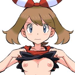 1girl bare_shoulders blue_eyes blush breasts clothes_lift creatures_(company) game_freak gomatarou_(pixiv196136) hairband jaggy_lines light_brown_hair looking_at_viewer lowres may_(pokemon) may_(pokemon_oras) nintendo nipples no_bra oekaki pokemon pokemon_oras shirt_lift simple_background small_breasts solo sweatdrop tank_top upper_body white_background rating:Questionable score:184 user:danbooru