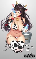 1girl animal_ears animal_print bell bikini black-framed_eyewear black_hair blush bottle bow braid breasts bucket cleavage collar commentary_request copyright_name covered_erect_nipples cow_ears cow_print cow_tail cowbell detached_sleeves flipped_hair full_body glasses gradient_background hair_bow highres horns kneeling large_breasts long_hair looking_at_viewer maid_headdress milk_bottle navel neck_bell o-ring o-ring_bikini parted_lips print_bikini print_thighhighs purple_eyes re:shimashima semi-rimless_eyewear side-tie_bikini_bottom simple_background smile solo swimsuit tail thighhighs tokyo_exe_girls twin_braids under-rim_eyewear untied_bikini rating:Questionable score:71 user:danbooru