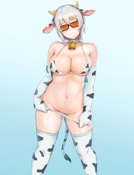 1girl abs absurdres animal_ears animal_print artist_request bare_shoulders bell blush breasts choker cleavage collarbone cow_ears cow_girl cow_horns cow_print cow_tail female_focus girls&#039;_frontline hair_between_eyes highres horns ksg_(girls&#039;_frontline) navel orange-tinted_eyewear orange-tinted_glasses short_hair sunglasses sweat tagme tail thighhighs thighs tinted_eyewear undressing white_hair rating:Questionable score:15 user:MrLW13