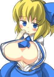1girl alice_margatroid alice_margatroid_(pc-98) alternate_breast_size blonde_hair blue_eyes blush bow breasts breasts_apart bursting_breasts covered_erect_nipples gaoo_(frpjx283) hair_bow hair_ribbon highres huge_breasts looking_at_viewer navel open_clothes open_mouth ribbon simple_background solo suspenders touhou rating:Questionable score:26 user:danbooru