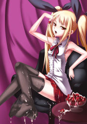 1girl absurdres armpits artist_request black_thighhighs blazblue blonde_hair bowl cream cum cum_on_body cum_on_clothes cum_on_feet curtains feet flat_chest food frills fruit hair_ribbon highres long_hair no_shoes non-web_source official_art rachel_alucard red_eyes ribbon sexually_suggestive skirt soles solo spread_toes strawberry suggestive_fluid table thighhighs toes tongue twintails  rating:Explicit score:27 user:danbooru