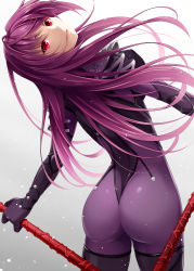 1girl armor ass black_thighhighs bodysuit breasts dual_wielding fate/grand_order fate_(series) from_behind gae_bolg_(fate) highres holding lance large_breasts leaning_back long_hair looking_at_viewer looking_back mukunokino_isshiki open_mouth pauldrons polearm purple_bodysuit purple_hair red_eyes scathach_(fate) shoulder_armor simple_background solo thighhighs weapon rating:Questionable score:34 user:armorcrystal
