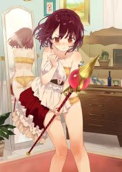 1girl :/ angry ass atelier_(series) atelier_sophie back blush bottle bra brown_eyes carpet chest_of_drawers cinderella_bust drawer dress unworn_dress dressing embarrassed female_focus floating_hair highres holding holding_clothes holding_staff indoors looking_at_viewer mirror noco_(adamas) official_art orange_bra orange_panties panties picture_frame plant potted_plant red_hair reflection short_hair solo sophie_neuenmuller staff standing tears underwear underwear_only rating:Questionable score:33 user:armorcrystal