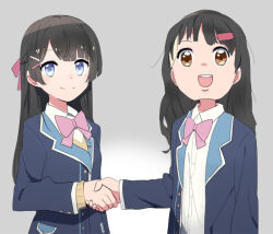2girls :d animegao blazer blue_eyes blue_jacket bow bowtie brown_hair buttoned_cuffs buttons closed_mouth collared_shirt cosplay dot_nose grey_background handshake jacket kigurumi long_hair long_sleeves looking_at_viewer multiple_girls nazono_mito nijisanji open_clothes open_jacket open_mouth pink_bow pink_bowtie school_uniform shirt sidelocks simple_background smile sou_(tuhut) straight_hair teeth tsukino_mito tsukino_mito_(1st_costume) upper_body upper_teeth_only virtual_youtuber white_shirt