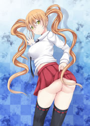  1girl against_wall ass between_breasts black_thighhighs blonde_hair blush breasts checkered_background clothes_lift impossible_clothes impossible_shirt kaeru_no_ashi long_hair looking_back necktie no_panties original shirt skirt skirt_lift solo thighhighs twintails yellow_eyes  rating:Explicit score:41 user:danbooru