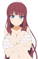  1girl arms_under_breasts bare_arms bare_shoulders bikini blue_eyes blush breast_hold breasts brown_hair cleavage closed_mouth collarbone commentary_request halterneck hinata_masaki large_breasts layered_bikini long_hair looking_at_viewer mole mole_on_breast navel new_game! sidelocks simple_background solo swimsuit takimoto_hifumi very_long_hair white_background white_bikini  rating:Sensitive score:75 user:danbooru