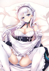 1girl apron arm_guards azur_lane bed_sheet belfast_(azur_lane) black_dress blue_eyes blush braid breasts broken broken_chain chain cleavage closed_mouth clothes_lift collar collarbone corset covered_erect_nipples dress elbow_gloves french_braid frilled_apron frilled_dress frills gloves half_updo hands_up knees_up large_breasts light_smile long_hair looking_at_viewer lying maid maid_apron maid_headdress on_back on_bed panties pillow purple_eyes rikudou_inuhiko sidelocks skirt skirt_lift sleeveless sleeveless_dress smile solo thighhighs thighs tsurime underwear waist_apron white_apron white_gloves white_hair white_panties white_thighhighs rating:Questionable score:20 user:danbooru
