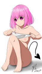  1girl absurdres anus armpits artist_name ass barefoot breasts collarbone covered_erect_nipples demon_girl demon_tail full_body groin hair_between_eyes highres knee_up legs looking_at_viewer medium_breasts medium_hair momo_velia_deviluke no_pants panties pink_eyes pink_hair purple_eyes pussy short_hair simple_background sitting smile solo tail thigh_gap thighs to_love-ru to_love-ru_darkness underwear vaginal white_background white_panties  rating:Explicit score:1 user:gcobs179987