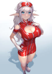 1girl bad_id bad_pixiv_id blue_eyes breasts cleavage cleavage_cutout closed_mouth clothing_cutout commentary_request dress earrings gloves gradient_background hand_on_own_hip hand_on_own_chest hat heart_cutout jewelry large_breasts latex latex_dress mokyumokyuchan nurse_cap pointy_ears red_dress silver_hair solo standing white_footwear white_gloves zipper_pull_tab  rating:Sensitive score:22 user:danbooru