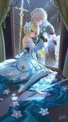  1boy 1girl absurdres aether_(genshin_impact) against_mirror ahoge arm_armor bare_shoulders black_gloves blonde_hair boots braid breasts broken_mirror brother_and_sister brown_pants brown_shirt closed_eyes closed_mouth crack cracked_glass curtains detached_sleeves dress flower genshin_impact gloves hair_between_eyes hair_flower hair_ornament hebbtia highres holding_hands jewelry long_hair long_sleeves lumine_(genshin_impact) medium_breasts mirror pants planted planted_sword planted_weapon scarf shirt short_hair short_hair_with_long_locks siblings sidelocks sitting smile solo sword thigh_boots weapon white_dress white_flower white_footwear white_scarf white_sleeves yellow_eyes yokozuwari 