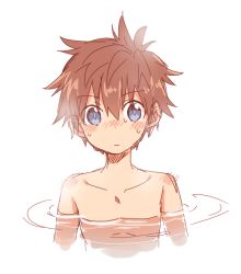  1boy blue_eyes blush brown_hair looking_at_viewer male_focus shota simple_background solo tagme topless_male water wet wool_bl  rating:Questionable score:27 user:Epox