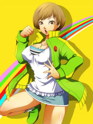  1girl atlus bare_legs breasts brown_eyes brown_hair camisole casual chunka clenched_hand covered_erect_nipples fighting_stance jacket jewelry large_breasts miniskirt necklace open_mouth persona persona_4 satonaka_chie short_hair skirt solo tank_top track_jacket  rating:Sensitive score:31 user:danbooru