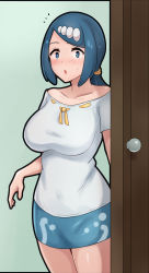  blue_eyes blue_hair breasts creatures_(company) freckles game_freak highres lana&#039;s_mother_(pokemon) large_breasts mature_female minieon_kiugi nintendo pokemon pokemon_(anime) pokemon_sm_(anime) ponytail  rating:Questionable score:30 user:JustLewdit