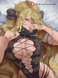 1girl araneesama areola_slip bare_shoulders black_leotard blonde_hair blush breasts center_opening cleavage covered_erect_nipples creatures_(company) cross-laced_clothes cynthia_(pokemon) fur_collar game_freak grey_eyes hair_ornament hair_over_one_eye highres large_breasts leotard lingerie long_hair looking_at_viewer lying navel nintendo on_back outstretched_arm parted_lips pokemon pokemon_dppt revealing_clothes underwear very_long_hair rating:Questionable score:113 user:JustHere4Butts