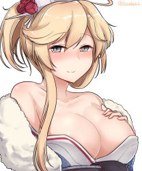 1girl absurdres ahoge alternate_costume alternate_hairstyle areola_slip bare_shoulders blonde_hair blue_eyes blush breasts cleavage flower hair_flower hair_ornament hand_on_own_chest headgear highres iowa_(kancolle) japanese_clothes kantai_collection kimono kiritto large_breasts long_hair looking_at_viewer nipple_slip nipples nose_blush simple_background single_sidelock smile solo star-shaped_pupils star_(symbol) symbol-shaped_pupils twitter_username upper_body white_background rating:Questionable score:16 user:danbooru