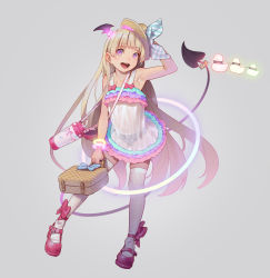 1girl :d absurdres arm_up armpits bag bare_arms blonde_hair bow commentary_request demon_girl demon_tail dress fangs full_body grey_background handbag hat hat_bow highres holding holding_bag loli long_hair looking_at_viewer muk_(monsieur) open_mouth original panties pink_footwear purple_eyes rubber_duck see-through see-through_dress shoes skindentation sleeveless smile solo standing striped sun_hat tail thighhighs underwear very_long_hair white_dress rating:Sensitive score:202 user:danbooru