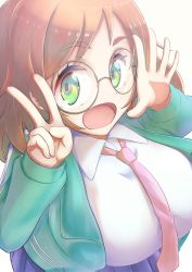  1girl artist_request breasts brown_hair dress_shirt glasses green_eyes huge_breasts looking_at_viewer necktie open_mouth round_eyewear shirt smile solo yuzuriha_maimai zombie_land_saga  rating:Sensitive score:12 user:H_Pinky_Kong
