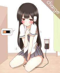  1girl black_hair blush cable charger charging highres loli long_hair non_(wednesday-classic) school_uniform serafuku sexually_suggestive sweat  rating:Questionable score:29 user:uncle_wiggles