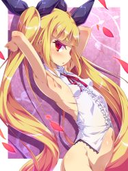 1girl armpits blazblue blonde_hair blush bottomless breasts center_frills covered_erect_nipples frills hair_ribbon loli long_hair navel no_panties perky_breasts rachel_alucard red_eyes ribbon slit_pupils small_breasts solo toraishi_666 twintails very_long_hair rating:Questionable score:116 user:danbooru