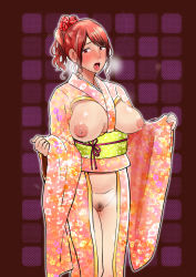  1girl blush breast_cutout breastless_clothes breasts breasts_apart breasts_out drooling female_pubic_hair highres japanese_clothes kimono lactation large_breasts lips looking_at_viewer medeo_i nipples no_panties open_mouth original ponytail pubic_hair pussy red_hair solo tongue tongue_out uncensored wavy_hair yukata 