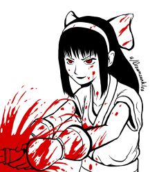 1girl ainu_clothes artist_name blood blood_on_clothes blood_on_face breasts evil_smile fingerless_gloves gloves hair_ribbon highres long_hair monochrome nakoruru red_eyes ribbon samurai_spirits sketch small_breasts smile snk solo stab the_king_of_fighters weapon