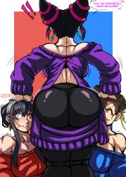  3girls absurdres ass black_hair breasts brown_hair capcom charge_sol chun-li crossover earrings english_text han_juri highres huge_ass jewelry large_breasts mature_female multiple_girls sideboob spy_x_family street_fighter street_fighter_6 tagme thick_thighs thighs yor_briar yuri  rating:Sensitive score:39 user:mizulao