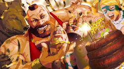 1boy bear beard brown_hair character_doll chest_hair closed_eyes commentary english_commentary facial_hair fireworks food happy happy_birthday highres male_focus matryoshka_doll mohawk official_art open_mouth rainbow_mika sparkler steak street_fighter street_fighter_6 tank_top twintails wrestling_mask zangief 