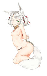  1girl ahoge animal_ears arms_behind_back bdsm blush bondage bound breasts chain collar fox_ears fox_tail green_eyes hair_ribbon highres linnkou navel nipples nude one_eye_closed original pubic_tattoo ribbon short_hair short_twintails simple_background slave small_breasts solo tail tattoo twintails white_background white_hair  rating:Questionable score:38 user:danbooru