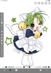  1girl animal_ears animal_hat antenna_hair apron art_program_in_frame bell blush_stickers bow cat_ears cat_girl cat_hat cat_tail dejiko di_gi_charat fake_animal_ears full_body gloves green_eyes green_hair hashtag-only_commentary hat highres jingle_bell looking_at_viewer maid maid_apron one_eye_closed open_mouth paw_shoes ryuudouji_(p0myu) single_blush_sticker sketch smile solo star_(symbol) tail white_apron white_bow white_footwear white_gloves white_hat white_tail 