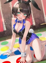  1girl alternate_costume animal_ears bare_shoulders black_hair black_vest blue_bow blue_bowtie blue_eyes blue_skirt blush bow bowtie breasts bunny_garden check_commentary cleavage commentary_request cosplay fake_animal_ears fake_tail full_body highres hololive kneeling large_breasts leotard looking_at_viewer miniskirt miuka_(bunny_garden) miuka_(bunny_garden)_(cosplay) nontraditional_playboy_bunny omoti_(1201208) oozora_subaru playboy_bunny rabbit_ears rabbit_tail short_hair skirt tail twister vest virtual_youtuber 