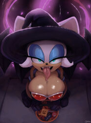 1girl absurdres animal_ears artist_name black_footwear black_gloves boots breasts bucket cleavage cranihum from_above furry furry_female gloves green_eyes halloween halloween_bucket halloween_costume hat highres holding holding_bucket large_breasts long_tongue looking_at_viewer open_mouth rouge_the_bat signature sonic_(series) tongue tongue_out trick_or_treat witch witch_hat rating:Sensitive score:90 user:danbooru