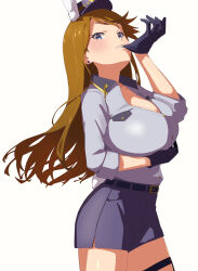  1girl absurdres animal_ears belt belt_buckle biting black_belt black_gloves blue_eyes blue_shirt blue_skirt breast_lift breasts brown_hair buckle cl_(h-sys.) cleavage cowboy_shot earrings eyelashes fake_animal_ears fake_tail glove_biting gloves hat highres huge_breasts idolmaster idolmaster_million_live! idolmaster_million_live!_theater_days jewelry legwear_garter long_hair looking_at_viewer miniskirt open_clothes open_shirt police police_hat police_uniform rabbit_ears rabbit_tail shirt simple_background skirt solo straight_hair swept_bangs tail tokoro_megumi uniform white_background 