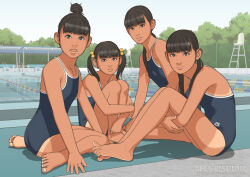  4girls ass barefoot blush breasts commentary_request competition_school_swimsuit dark-skinned_female dark_skin hair_bobbles hair_ornament lane_line lifeguard_chair long_hair looking_at_viewer mole mole_under_mouth multiple_girls one-piece_swimsuit original outdoors ponytail pool poolside revision school_swimsuit shinchou_ni_kansuru_kousatsu sitting small_breasts smile swimsuit tan tanline twintails wariza 