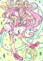  00s 1girl ;d bike_shorts bike_shorts_under_skirt boots bug butterfly collar collared_shirt cure_dream earrings flower gloves hair_ornament hair_rings half_updo insect jewelry kneehighs long_hair looking_at_viewer magical_girl one_eye_closed open_mouth pink_eyes pink_hair precure purple_shorts ribbon rose sayococco shirt shorts shorts_under_skirt skirt smile socks solo traditional_media twintails v white_skirt yes!_precure_5 yes!_precure_5_gogo! yumehara_nozomi 