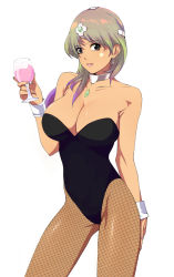  1girl alcohol bad_id bad_pixiv_id bare_shoulders black_eyes breasts choker chunsoft circlet cleavage cup dragon_quest dragon_quest_iv drinking_glass earrings enix fishnet_pantyhose fishnets gradient_hair jewelry large_breasts leotard manya_(dq4) multicolored_hair necklace pantyhose playboy_bunny reiken simple_background solo strapless wine wine_glass wrist_cuffs 