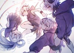  4girls ahoge alternate_costume androgynous bandaged_arm bandages black_hair blue_eyes ci_flower commentary flower_(gynoid_talk) flower_(vocaloid) flower_(vocaloid3) flower_(vocaloid4) happy_birthday high_ponytail hood hoodie jumping long_hair looking_at_viewer mi_no_take multicolored_hair multiple_girls one_(cevio) purple_hoodie red_eyes shoes short_hair short_hair_with_long_locks shorts simple_background skirt sneakers streaked_hair tomboy two-tone_hair upside-down vocaloid white_hair 